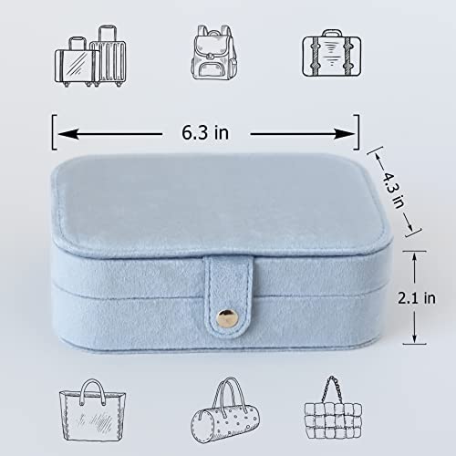 Plush Velvet Travel Jewelry Case Organizer With Adjustable Mirror - Portable Small Jewelry Boxes For Women With Snap Button To Protect And Store Rings, Earrings, Necklaces And Bracelets - Sky Blue #TOP2