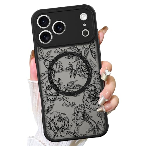 Coque iPhone 17 Pro Max MagSafe Fiyart florale noire mate