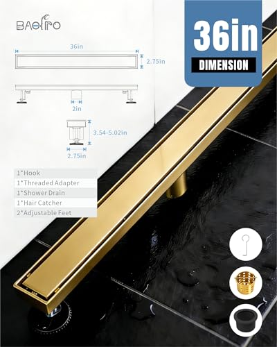 Image of 36 Inch Brushed Gold Linear Shower Drain | CUPC Certified 2-in-1 Tile Insert for Curbless Showers. 304 Steel, 15.8GPM Flow. Includes Hair Catcher & Adjustable Feet.