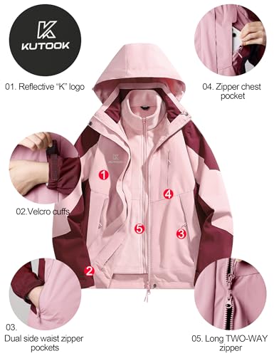 KUTOOK 3 IN 1 Winterjacke Damen Fleecejacke Lang Winter Jacke 3in1 Skijacke Wasserdicht Winddicht Funktionsjacke mit Kapuze Rosa L