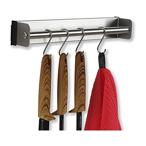 SOSmart24 Just Silver Kitchen Hook Rack No Drilling Made of Stainless Steel - Silver Matt Brushed - Nordic Minimalism - Kitchen Utensil Holder with 4 Hooks Kitchen Utensil Holder Kitchen Rail Small Cover