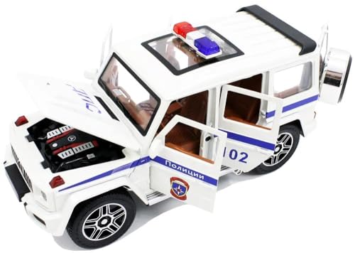 Image of New 1:24 G Wagon Police Jeep Diecast Alloy Metal Pull Back Car with Openable Doors Music Sound and Light Vehicle Toy Car for Kids Boys (White)
