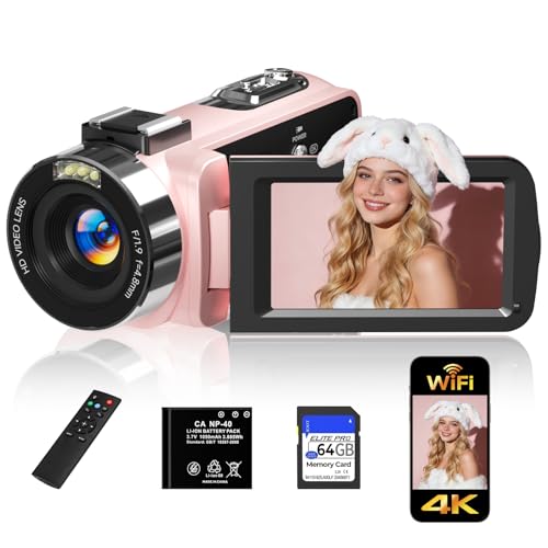 Video Camera,FHD 4K 56MP Camcorder,WiFi Vlogging Cameras for YouTube with IR Night Vision,18X Digital Zoom 3.0''Touch Screen Digital Camera with 64GB Card,Remote Control,Webcam and Battery (Pink)