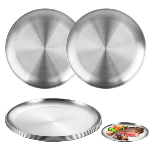 OMJMYY 6 Pièces Assiette Inox Camping Φ20 cm Rondes en Acier Inoxydable pour Pique-nique Randonnée Cuisine Fête Barbecue