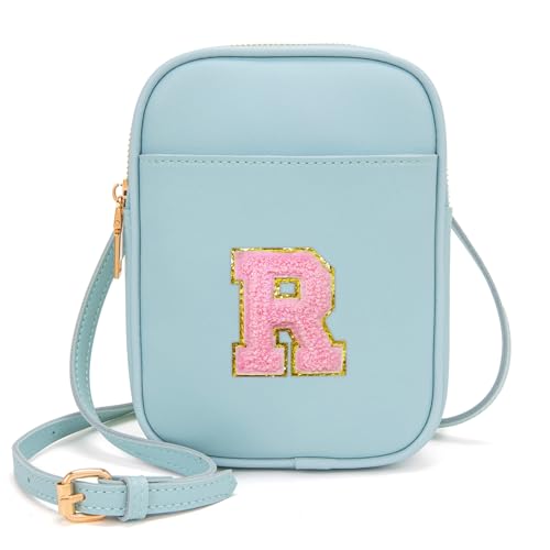 Toddler Purse Initial Crossbody Bags for Girls 3 Pockets PU Leather Cross Body Bag Crossbody Purse Handbag Personalized Preppy Teen Girl Gifts Trendy Stuff (Icing Blue R)