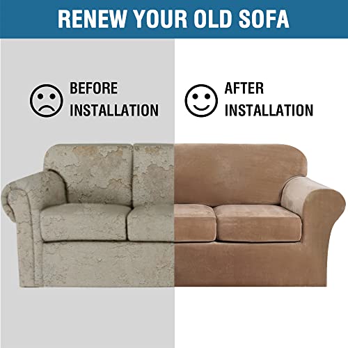 H.versailtex Modern Velvet Plush 4 Piece High Stretch Sofa Slipcover Sofa Cover Furniture Protector Form Fit Luxury Thick Velvet Sofa Cover For 3 Cushion Couch, Machine Washable (Sofa,Camel) #TOP4