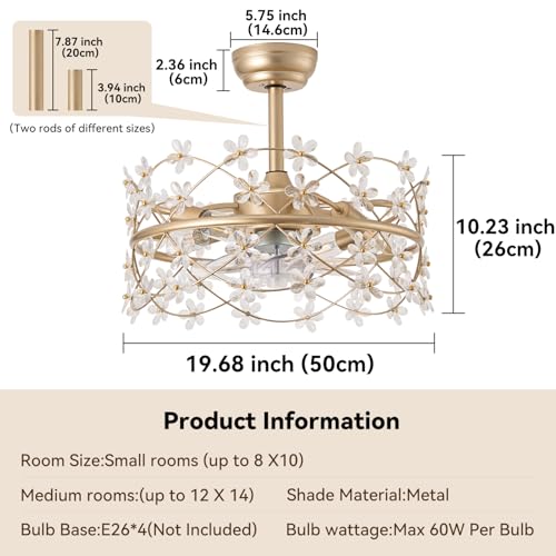 20 Inch Gold Caged Ceiling Fan with Light, Flower Chandelier Ceiling Fan with Lights Remote Control, Frower Crystal Fandelier 6 Speeds for Girl's Bedroom, Living Room