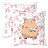 Homewish Cartoon Engel Capybara Bowknot Kissenbezüge 50x50 Rosa Schleifen Herz Blumen Erdbeere Kissen Bezüge Kapibara als Engel mit Flügeln Kissenbezug 2Er Set Mädchen Dame Prinzessin Weich Couch Bett