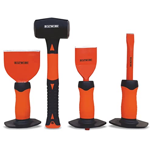 BOLTWORK Hammer Bolster Chisel 4 pc Set 2.5lb Brick Bolster 4 Electricians Bolster 2 ¼” with Guards Chisel 19mm X 250mm Hammer with Fiberglass Shaft Rubber Grip Handle, Drop Forged