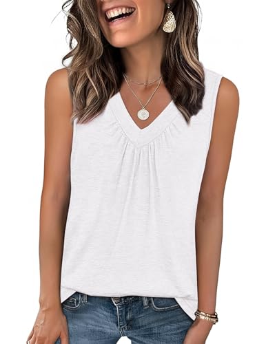 Image of Zeagoo Womens Tops V Neck Vest Basic Tops Women UK Sleeveless Pleated Tank Summer Clothes White XL