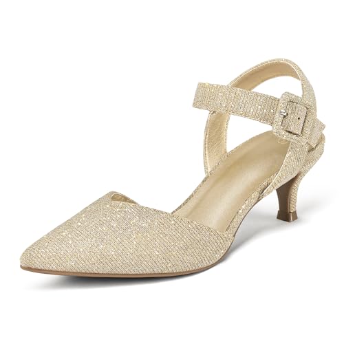 mysoft Women's Kitten Heels Pumps 2 Inch Low Heel Closed Toe Dress Shoes for Wedding Party Office Comfort Fit Medium Wide Width Gold Glitter