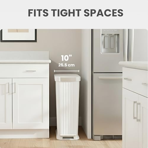 Image of iTouchless SoftStep 50 L / 13.2 Gallon Slim Step Pedal Kitchen Trash Can with Odor Filter, Indoor Recycling Bin Durable Dent-Proof, Stainless Steel Trim Garbage Bin with Lid, Home Office White Plastic