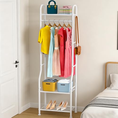 GloTika Narrow Clothes Rack - Clothing Rack with 3 Tier Metal Shelves, 71.9 Inch Tall Garment Rack with 8 Hooks, Freestanding Closet Organizer with Adjustable Leveling Feet for Small Space (
