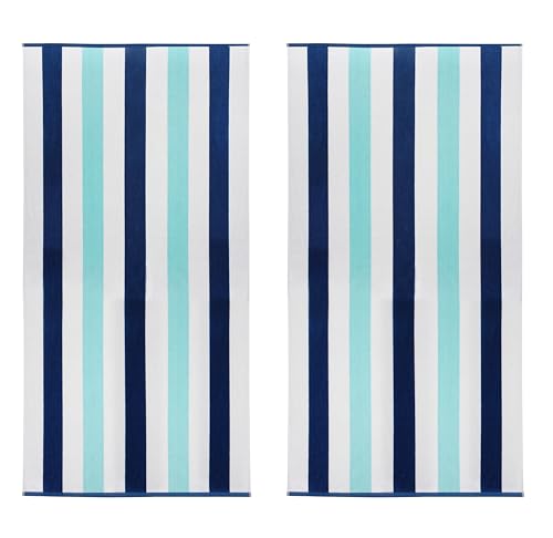 COTTON CRAFT Oversized Beach Towel - 2 Pack 35 x 70 inches XL Beach Towel - 100% Cotton Velour - Big & Huge - Thick Plush 450 GSM Super Soft Luxury Towel - Pool Picnic Bath - Cabana Stripe Blue