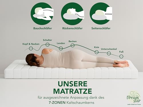 DREAMSTAR Easy Flex 7-Zonen Matratze 90x200 cm | H2&H3 | Ergonomische Kaltschaummatratze |...
