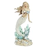 Touch of Class Oceana Mermaid Coastal Sculpture | Handpainted Resin Figurine | Pearlescent Accents, Blue Shell & Pearl-Toned Tail | 16" Decorative Mermaid Statue for Beach or Ocean Decor