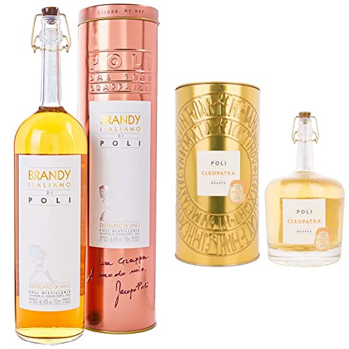 Brandy Italiano Astucciato - 700 ml & Grappa Cleopatra Moscato 40% Vol. - 700 ml in Tinbox oro