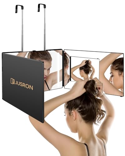 JUSRON 360 Grad Spiegel mit Licht, Klappspiegel 3 Teilig Haare Selbst Schneiden, Höhenverstellbarer&Wiederaufladbarer Kosmetikspiegel Rasierspiegel Friseurspiegel für Makeup Rasieren Frisieren 1