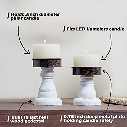 Genmous&Co. Decorative Candle Holders Pedestal Rustic Wood For Pillar Candle Farmhouse Candlestick Holder Galvanized Plate For Mantel, Dining Table, Centerpiece,Coffee Bar,Set Of 2（White #TOP3