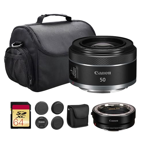 Canon RF 50mm f/1.8 STM Lens | Compact Standard Prime with Bright f/1.8 Aperture & Smooth STM Autofocus | for Portraits, Street, & Everyday Photography (4515C002) + Adapter EF-EOS R + Bag + 64GB Card