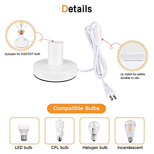 Helunsi Industrial Table Lamp Base, E26 E27 Lamp Base Without Shade, Mini Short Desk Lamp Exposed Bulb Base, Simple Metal Edison Light Bulb Stand, With 5.8Ft Cord Switch Plug Bulb Base Holder (White) #TOP5