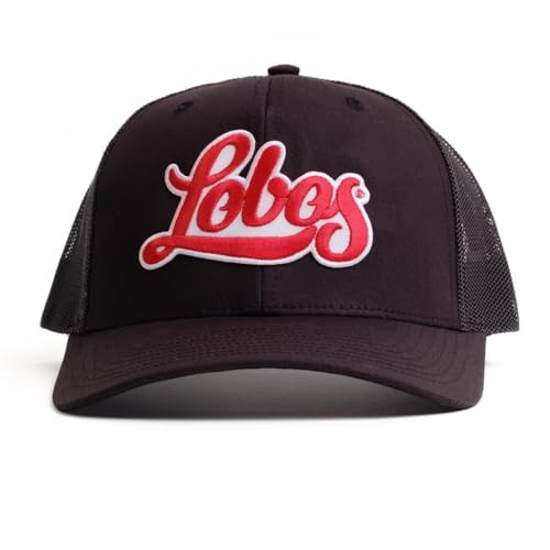 UNM Lobos Hat University of New Mexico Trucker Hat Embroidered Patch Adjustable Snapback Men's Baseball Cap (Black Front with Black Mesh)