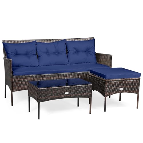 COSTWAY 4 Seater Rattan Garden Furniture Set, Patio Conversation Set with Cushioned Sofa, Ottoman and Tempered Glass Table, All-Weather Wicker Outdoor Corner Sofa Set for Balcony Lawn Yard (Navy)