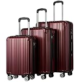 COOLIFE Luggage Expandable Suitcase PC+ABS 3 Piece Set with TSA Lock Spinner Carry on 20in24in28in (Wine red, 3 piece set)