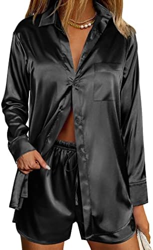 Ekoauer Womens Satin Stylish V Neck Long Sleeve Button Down Shirt and Matching Shorts Pajama Set, Black, X-Large