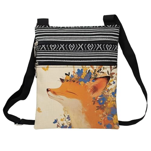 Floral Fox Messenger Bag Small Ethnic Pattern Printed Adjustable Strap Crossbody Zipper Bag Floral Fox Phone Bag Wallet Cute Shoulder Handbag for Women Friends -7