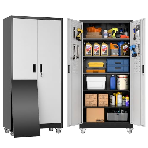 Image of Garage Storage Cabinet with Wheels & Pegboard, Lockable Metal Storage Cabinet with Doors and 5 Adjustable Shelves for Garage, Home, Storage, Assembly Required, Black and Silvery, 71 inch Hx34 inch Wx18 inch D