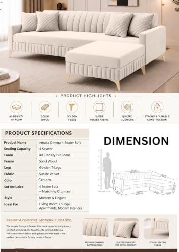 Image of AMATA Falcon 4 Seater L Shape Suede Velvet Fabric Cream Colour Sofa Set with Two Cushions Perfect for Home Office Guests Living Room (Falcon Cream, Falcon 4 Seater l Shape)(3 Year Warranty)