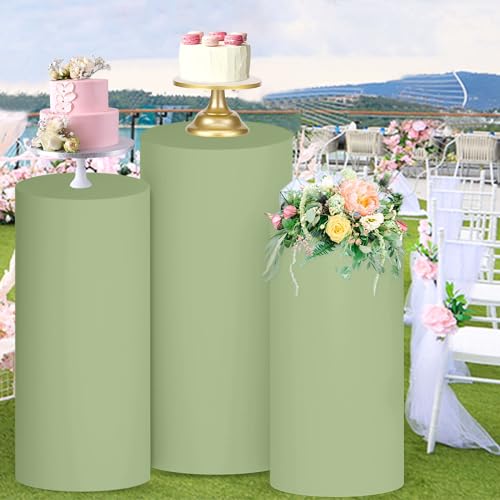 FUHSY Set of 3 Cylinder Covers Sage Green Cylinder Pedestal Stand Cover for Party Stretchy Fabric Spandex Round Plinth Covers Cylinder Display Box Stand Cover for Birthday Wedding Event Outdoor Indoor