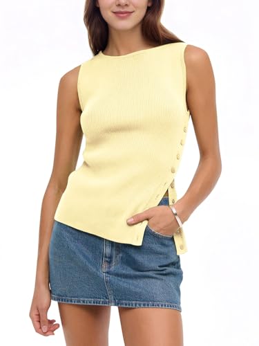 Baonmy Women Asymmetrical Button Down Side Split Tank Tops Sleeveless Boat Neck Slim Fit Ribbed Knit Summer Casual Tank