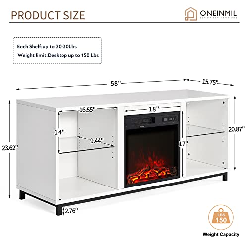 Oneinmil Fireplace Tv Stand With Led Lights, Entertainment Center With Adjustable Glass Shelves, Entertainment Center For Tvs Up To 65’’, White #TOP1