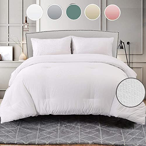 Nanko Beige Duvet Cover Full Size, 3pc Boho Tufted Microfiber Bedding Comforter Cover Set, All Season Aesthetic Shabby Chic Soft Embroidery Textured Geometric Quilt Cover (80x90)