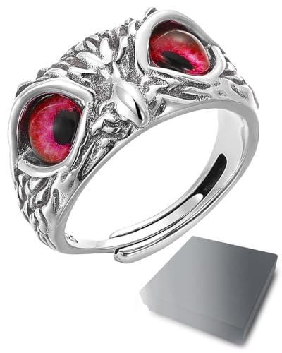 HSIXHAF 1 PCS Anillo de búho, Anillo búho real, ojos rojos, ajustable, Anillos para mujeres, niñas, hombres y niños, con caja de regalo negra