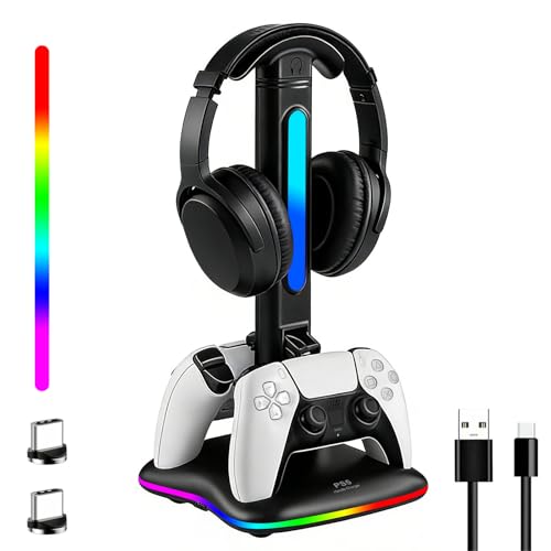 JDGPOKOO PS5 Controller Charger with RGB Headphone Stand, PS5 Controller Charging Station with 2 USB Port, Headset and Controllers Stand Holder for PlayStation 5, Gaming Gifts for Gamers Men