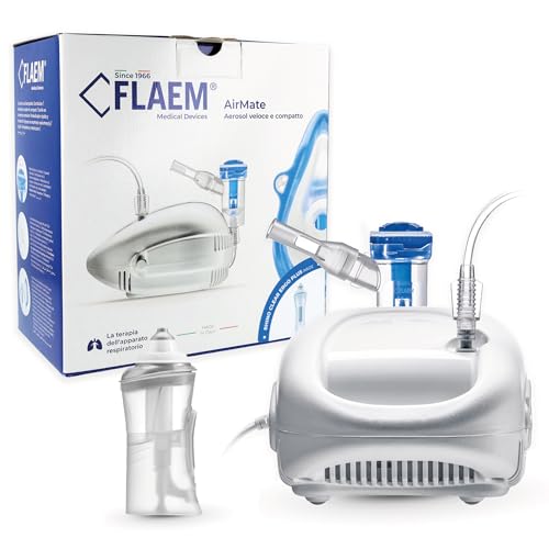 FLAEM AIRMATE DUO, Inhalator z Nebulizatorem, dla Dzieci i Dorosłych, Pneumatyczno-Tłokowy, Cichy, z Certyfikatem Medycznym, Made in Italy, z Irygatorem Rhino Clear Ergo Plus