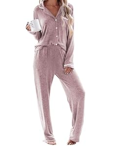 Ekouaer Schlafanzug Damen Lang Pyjama Set mit Knopfleiste, Altrosa L