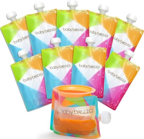 Image of Baby Brezza Reusable Baby Food Storage Pouches, 10 Pack, 7oz Size | Freezer Safe + Washable Refillable Squeeze Pouches for Organic Food Puree for Kids + Toddlers