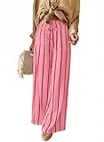 Acelitt Women Casual Striped Wide Leg Pants Drawstring Elastic High Waisted 2026 Summer Fashion Beach Pants Trousers with Pockets Rose Small