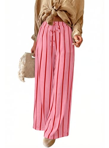 Acelitt Women Casual Striped Loose Wide Leg Pants Drawstring Elastic