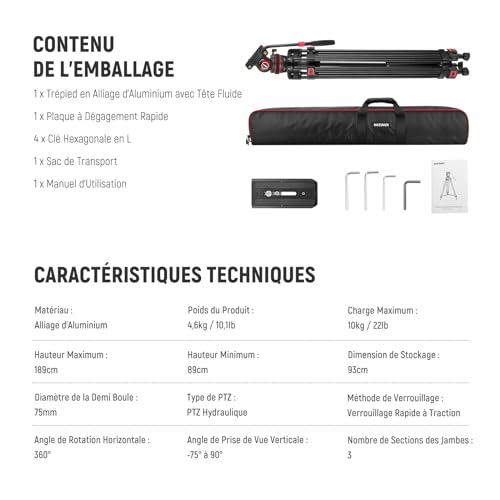 NEEWER 188cm Trépied Vidéo avec Tête Fluide Amortissement,TP75 - 10