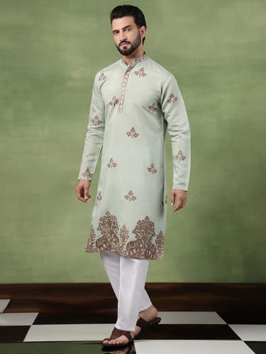 Image of SOJANYA (Since 1958 Men's Cotton Contrast Coffee Thread Embroidered Long Kurta