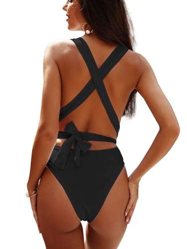 Image of Lilosy Sexy Tie Criss Cross Plunge One Piece Thong Swimsuit High Cut Brazilian Bathing Suit