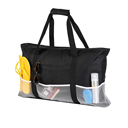 Armiwiin Strandtasche XXL Familie, Große Strandtasche mit Reißverschluss Badetasche, Wasserdicht Netz Umhängetasche mit Nasstasche für Pool Fitnessstudio Einkaufen Cover