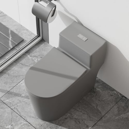 Inodoro monoblock gris alargado, altura cómoda, doble descarga | Asiento UF duradero, tapa con cierre suave silencioso, descarga eficiente, acabado cerámico gris para baños modernos miniatura 4