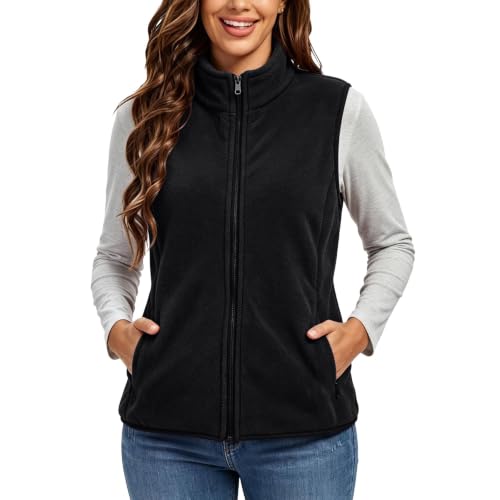 Womens Fleece Vest Full Zip Stand Collar Side Pockets Casual Fall Layering