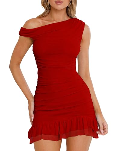 GOKATOSAU Women's One Off Shoulder Sleeveless Bodycon Ruched Mesh Ruffle Hem Mini Dress Red
